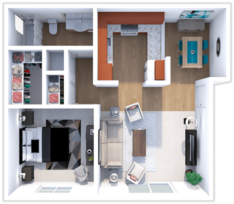 Floor plan for 1 bed, 1 bath, 684 sqft