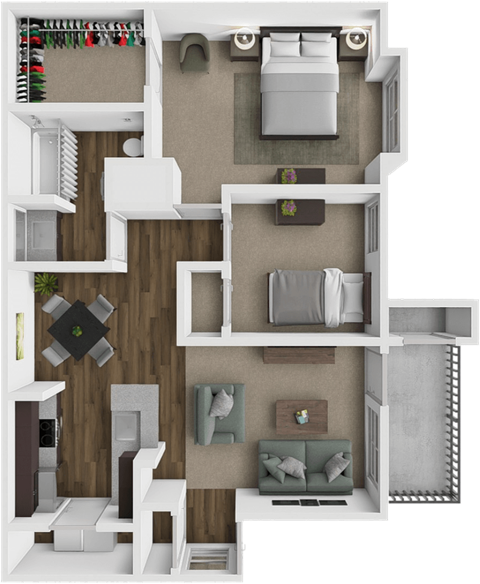 Floor plan for 2 beds, 1 bath, 905 sqft