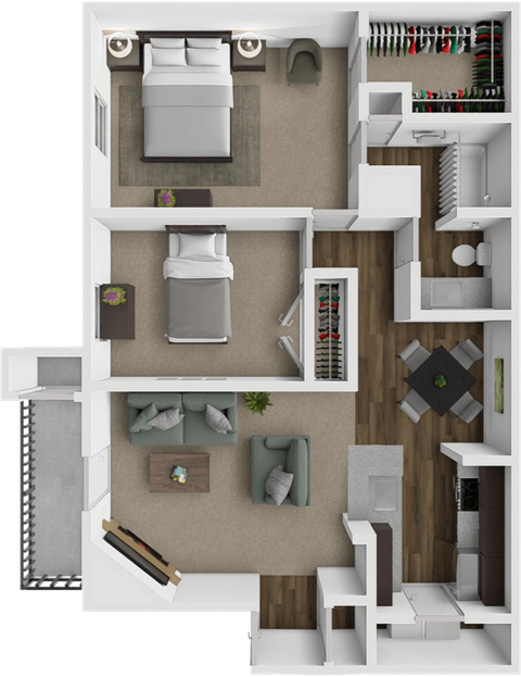 Floor plan for 2 beds, 1 bath, 882 sqft