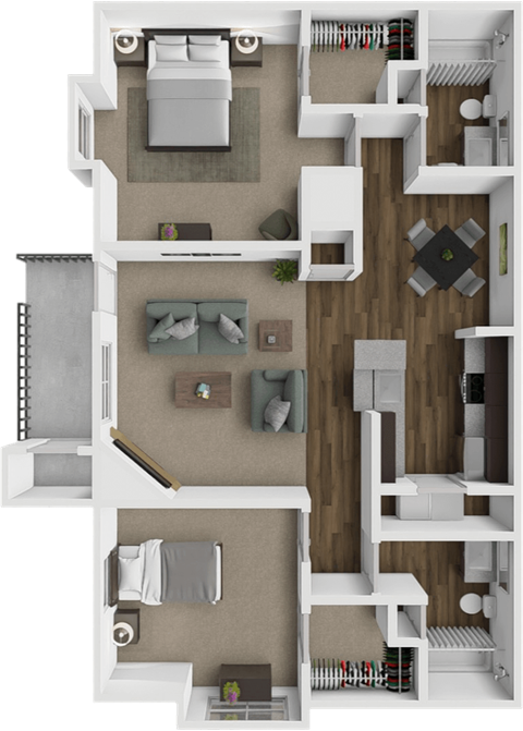 Floor plan for 2 beds, 2 baths, 960 sqft