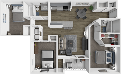 Floor plan for 3 beds, 2 baths, 1000 sqft