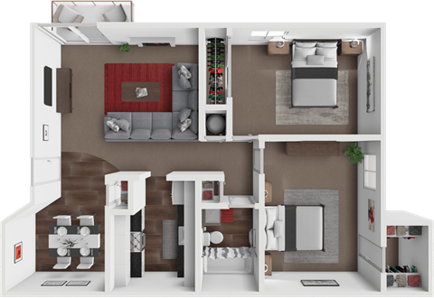 Floor plan for 2 beds, 1 bath, 908 sqft