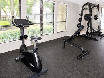 Hamilton apartment for rent - A black exercise bike is in a room with a weight rack.