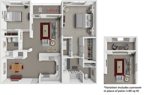 Floor plan for 2 beds, 2 baths, 1101 sqft