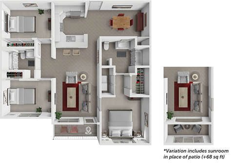 Floor plan for 3 beds, 2 baths, 1304 sqft