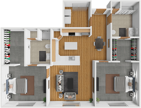 Floor plan for 2 beds, 2 baths, 1033 sqft