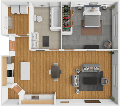 Floor plan for 1 bed, 1 bath, 747 sqft