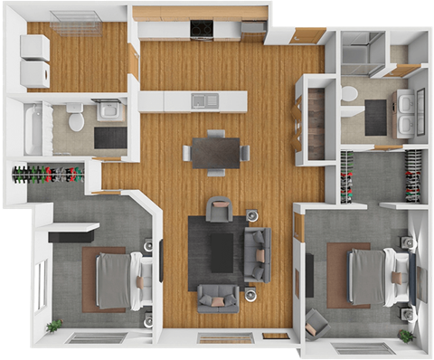 Floor plan for 2 beds, 2 baths, 1163 sqft