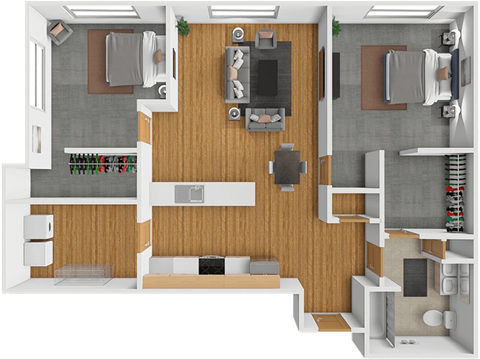 Floor plan for 2 beds, 1 bath, 959 sqft