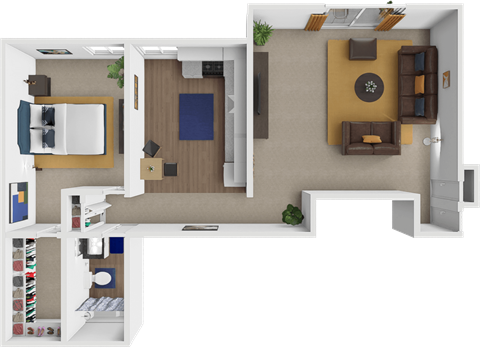 Floor plan for 1 bed, 1 bath, 930 sqft