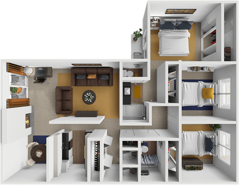 Floor plan for 3 beds, 2 baths, 1400 sqft