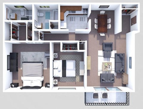 Floor plan for 2 beds, 2 baths, 1275 sqft
