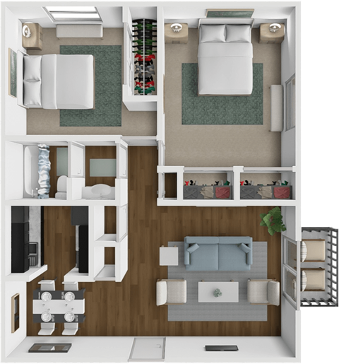 Floor plan for 2 beds, 1 bath, 901 sqft