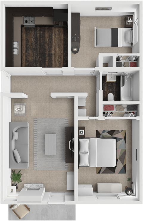 Floor plan for 2 beds, 1 bath, 750 sqft