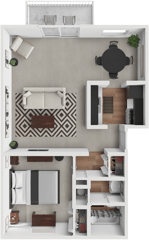 Floor plan for 1 bed, 1 bath, 734 sqft