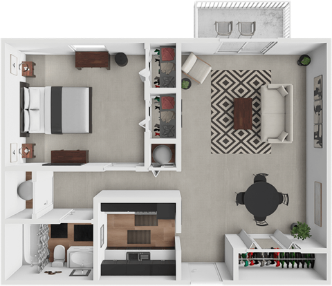 Floor plan for 1 bed, 1 bath, 638 sqft