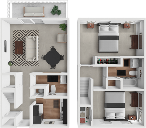 Floor plan for 2 beds, 1.5 baths, 985 sqft
