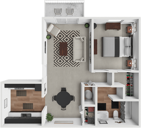 Floor plan for 1 bed, 1 bath, 682 sqft