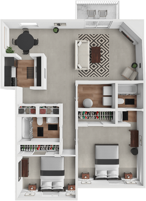 Floor plan for 2 beds, 2 baths, 1030 sqft