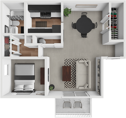 Floor plan for 1 bed, 1 bath, 678 sqft