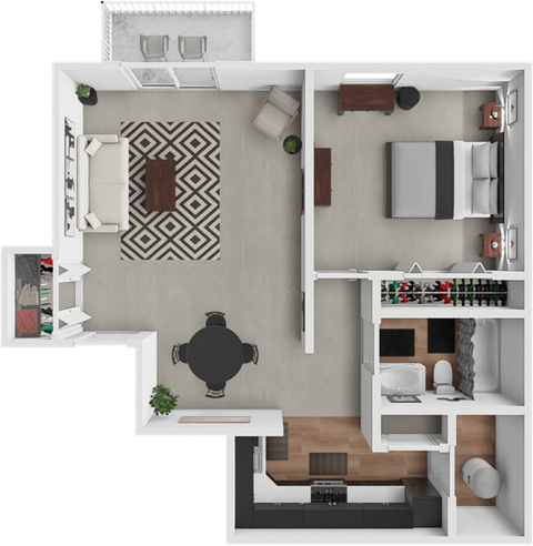 Floor plan for 1 bed, 1 bath, 675 sqft