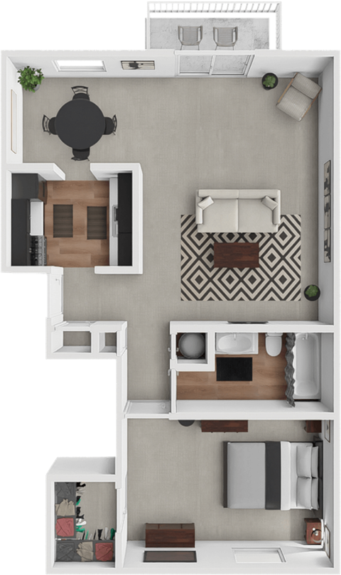 Floor plan for 1 bed, 1 bath, 722 sqft