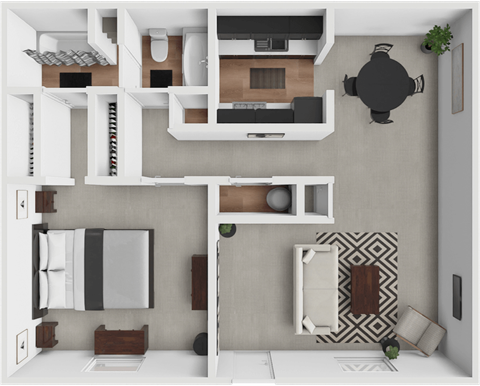 Floor plan for 1 bed, 1 bath, 881 sqft