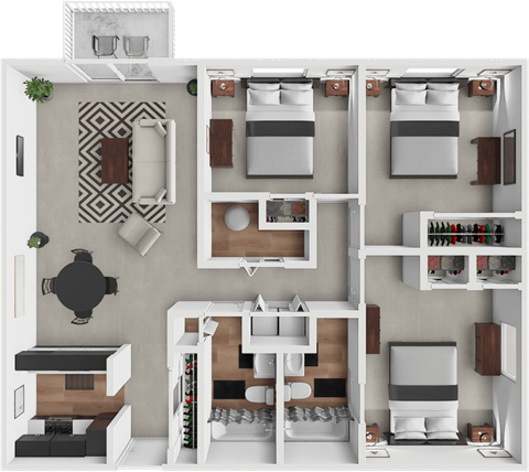 Floor plan for 3 beds, 2 baths, 1100 sqft