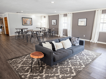 Akron apartment for rent - A living room with a grey couch and a rug.