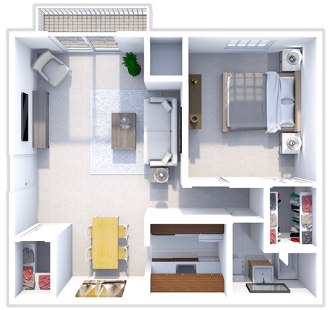 Floor plan for 1 bed, 1 bath, 750 sqft