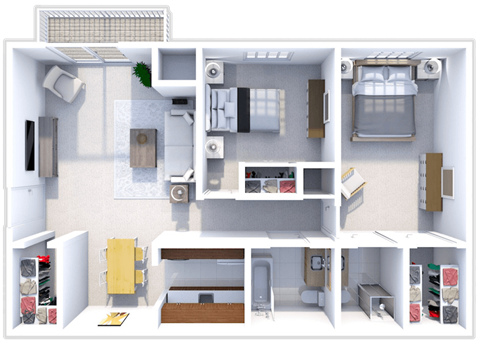 Floor plan for 2 beds, 2 baths, 1050 sqft