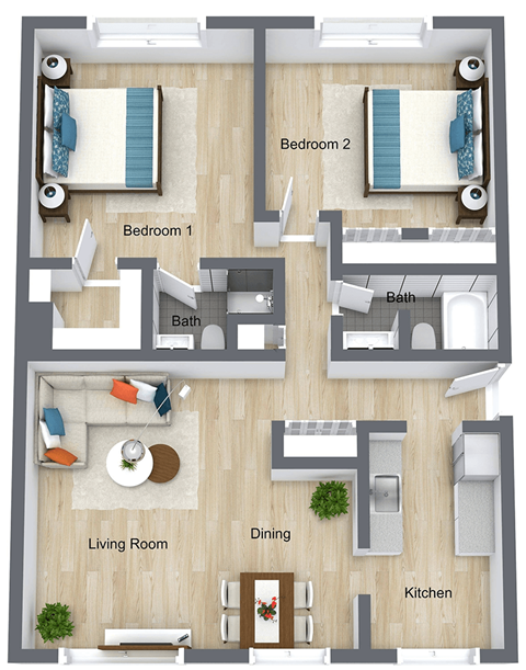 Floor plan for 2 beds, 1.8 baths, 1163 sqft