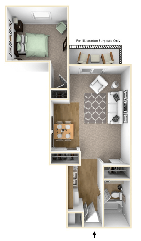 Floor plan for 1 bed, 1 bath, 540 sqft
