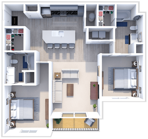 Floor plan for 2 beds, 2 baths, 1083 sqft