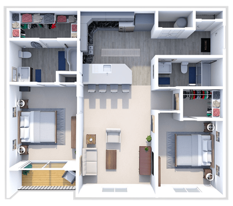Floor plan for 2 beds, 2 baths, 908 sqft