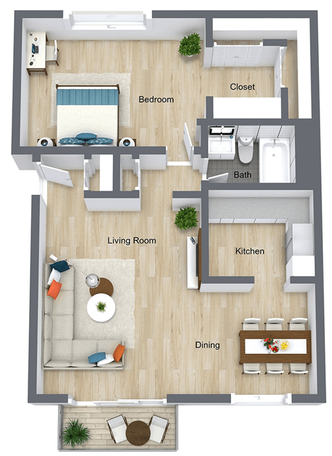 Floor plan for 1 bed, 1 bath, 820 sqft