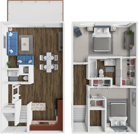 Floor plan for 2 beds, 1.5 baths, 1000 sqft
