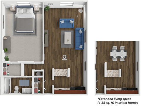 Floor plan for 1 bed, 1 bath, 680 sqft