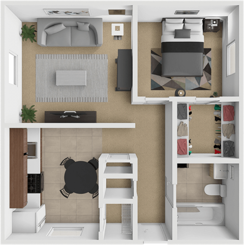 Floor plan for 1 bed, 1 bath, 660 sqft
