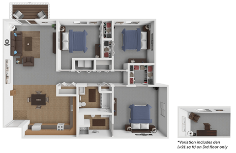 Floor plan for 3 beds, 2 baths, 1290 sqft