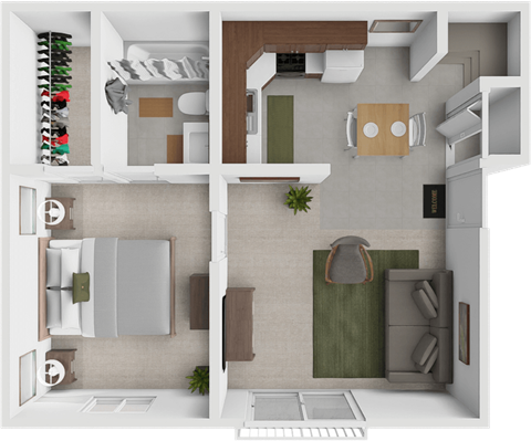 Floor plan for 1 bed, 1 bath, 600 sqft