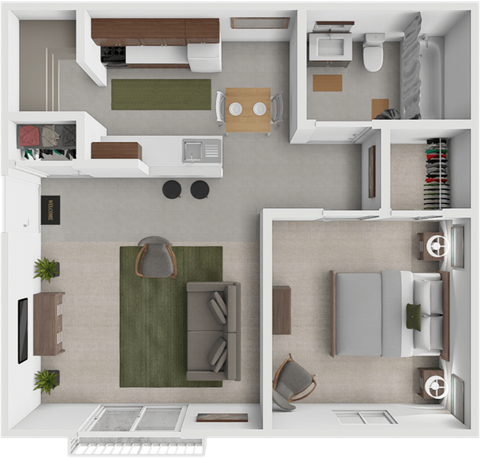 Floor plan for 1 bed, 1 bath, 750 sqft