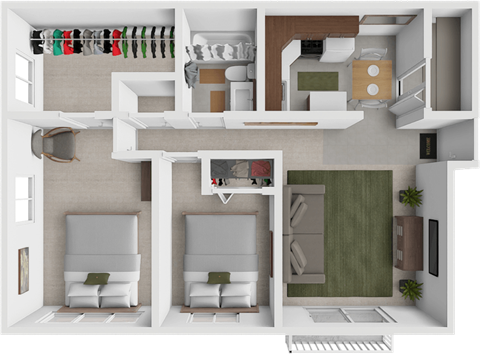 Floor plan for 2 beds, 1 bath, 975 sqft