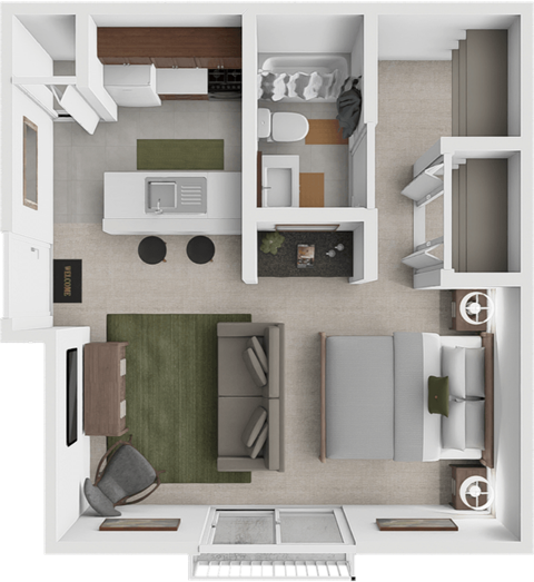 Floor plan for studio, 1 bath, 385 sqft