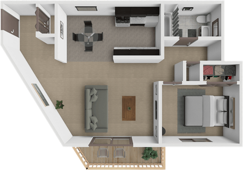 Floor plan for 1 bed, 1 bath, 670 sqft