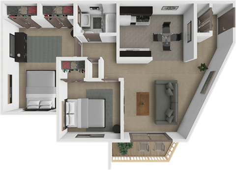 Floor plan for 2 beds, 1 bath, 905 sqft