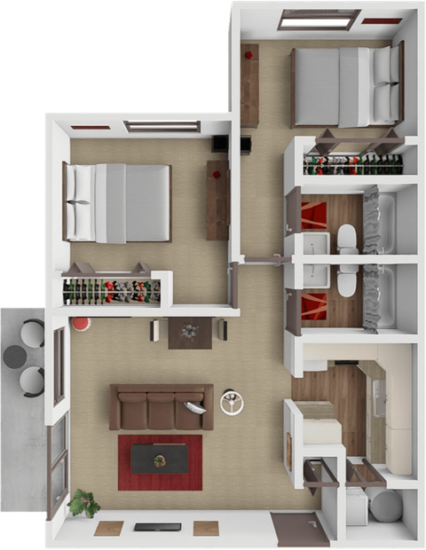 Floor plan for 2 beds, 2 baths, 960 sqft