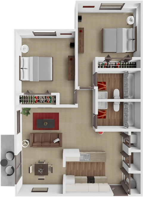Floor plan for 2 beds, 2 baths, 940 sqft