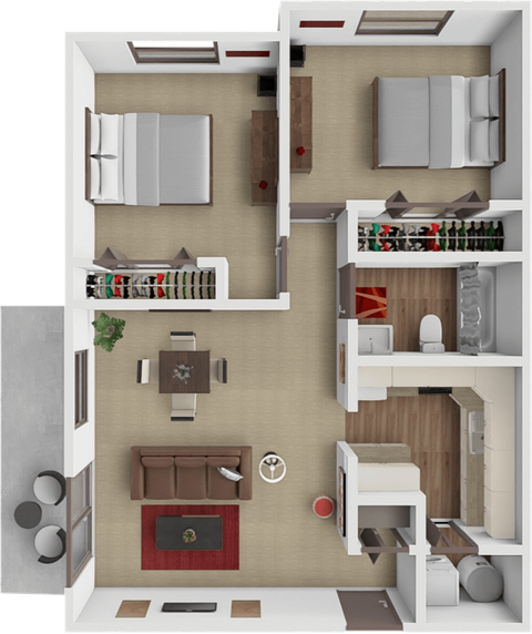 Floor plan for 2 beds, 1 bath, 870 sqft