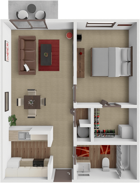 Floor plan for 1 bed, 1 bath, 645 sqft